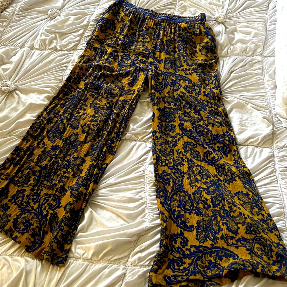 Anthropologie Mustard Yellow and Navy Blue Paisley Wide-Leg Pants